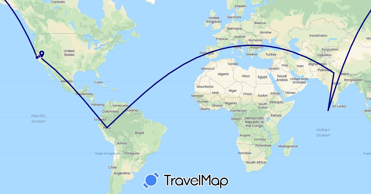 TravelMap itinerary: driving in India, Maldives, Peru, United States (Asia, North America, South America)